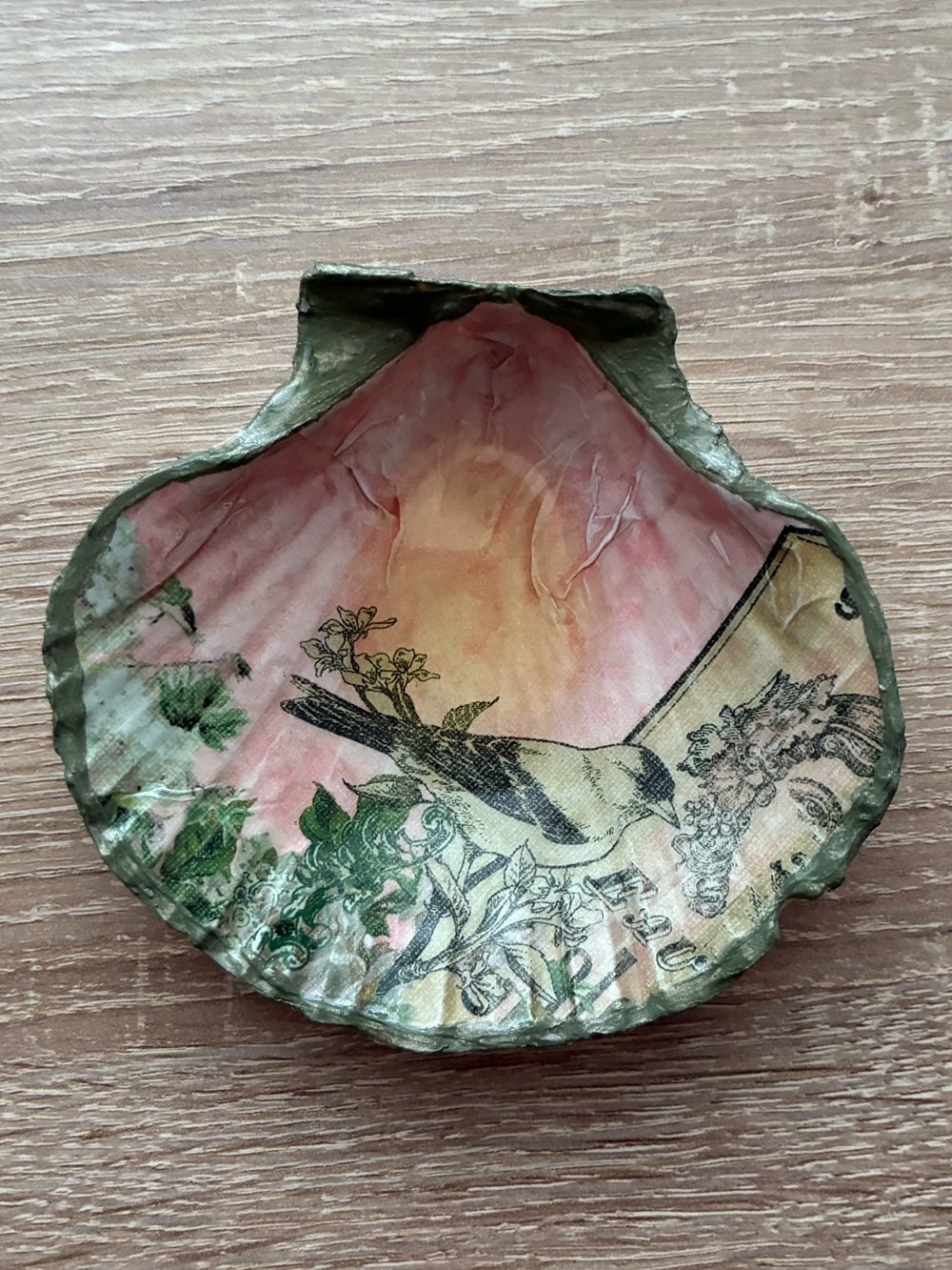 Decorative Decoupage Shell Dish with Pink & Green Bird Motif